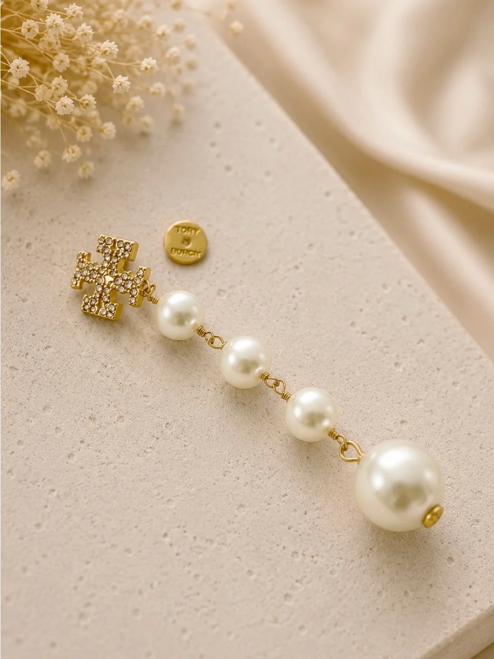 Tory Burch Crystal Double-T Logo Pearl Drop Earrings Gold Tone